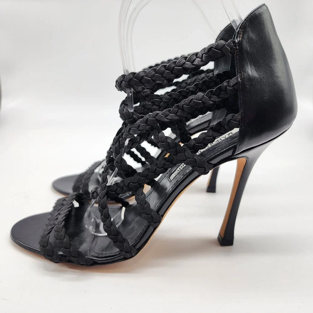 Manolo Blahnik Braided Gladiator Sandal Heels in Black Cotton Women's 39 Strappy